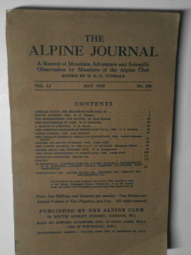 TYNDALE, H.E.G. (ed) / TILMAN, H.W. - The Alpine Journal, vol.LI (51), no.258, May 1939