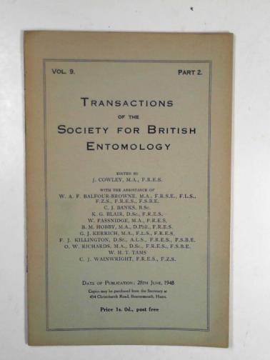 BROWN, E.S / COWLEY, J (ed) - The Aquatic Coleoptera of North Wales, in, Transactions of the Society for British Entomology, vol.9, part 2, 28th June 1948